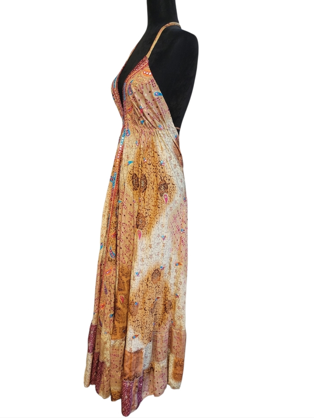 Boho Madrid Dress Backless Exotic Paisley Sparkles Ties & Tassles Flexible Fit - Picture 6 of 16